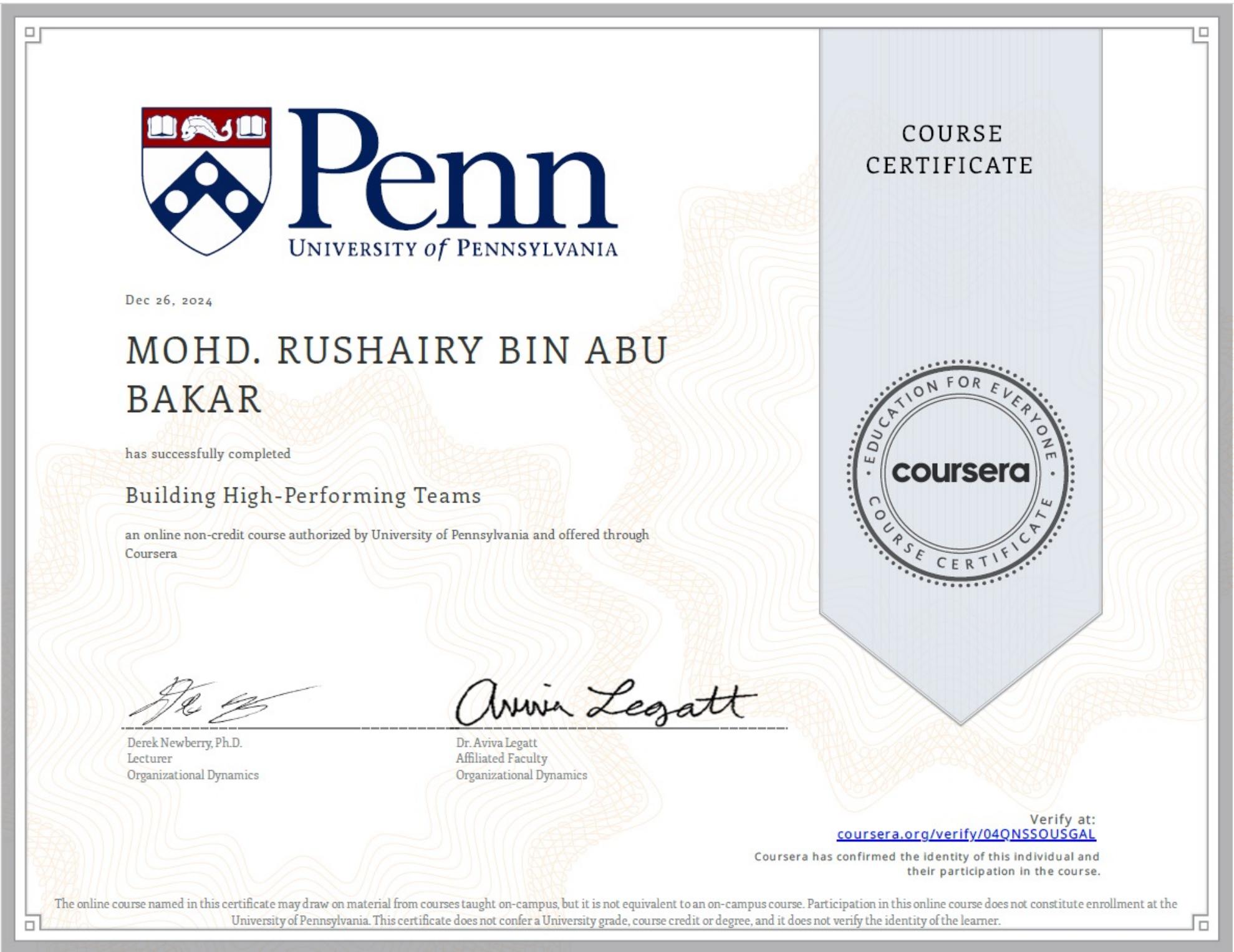 Building High Performing Teams certificate